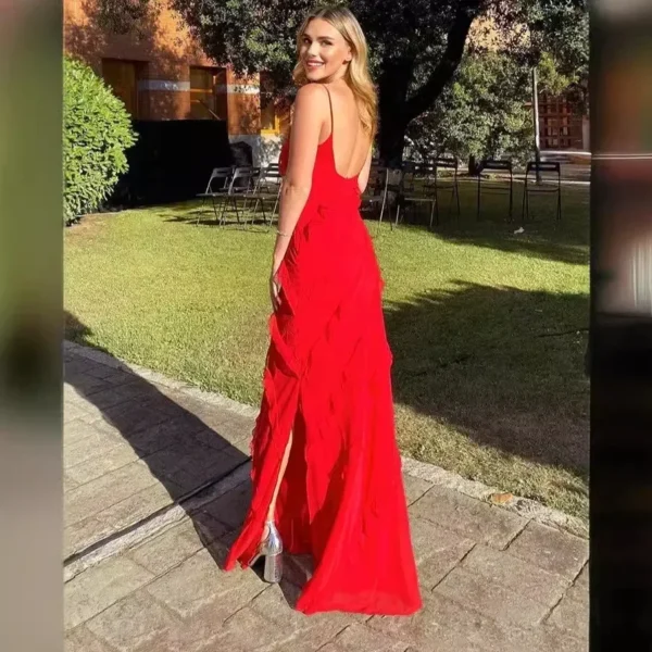 2025 Elegant Red Chiffon Slip Dress Spaghetti Strap Backless Maxi - Image 2