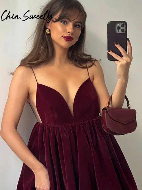 Wine Red Pleated V-Neck Sleeveless Backless Party Mini Dress Women - Image 2