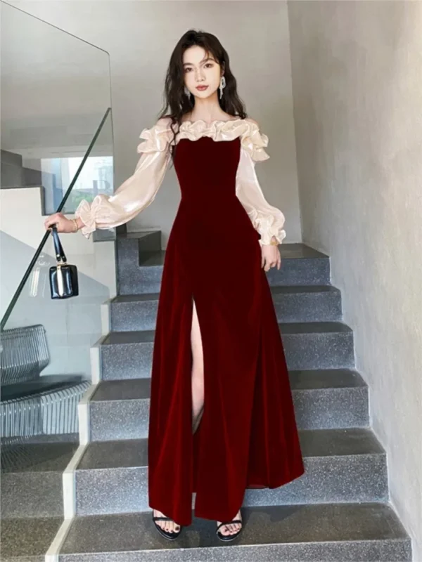 Elegant red prom dresses with ruffles, puff sleeves, and split design - Image 3