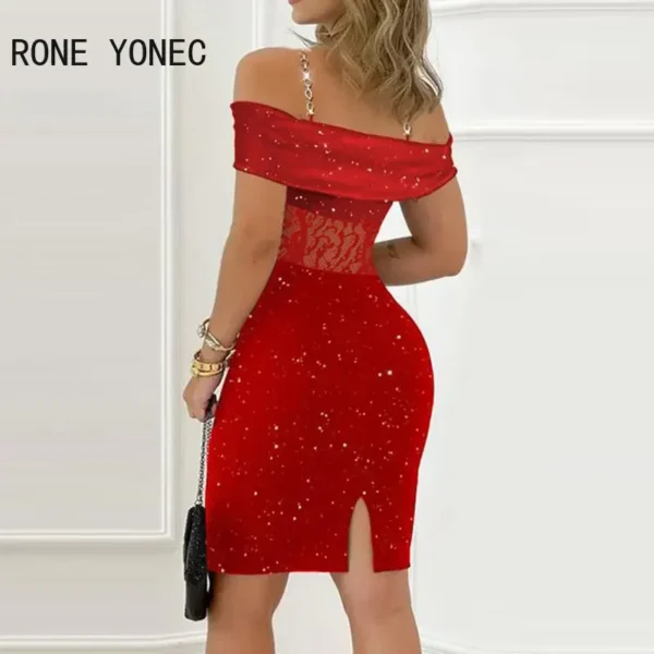 Red prom dresses with glitter lace, chain decor, and bodycon fit - Image 2