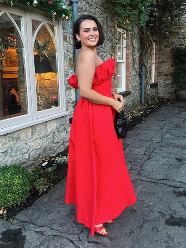 Y2K Strapless Red Maxi Dress Women Ruffle High Waist Gown - Image 3