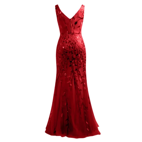Red Embroidered Beaded Deep V Neck Fishtail Maxi Evening Dress - Image 2