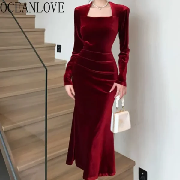 Red prom dresses: Velvet mermaid long dress for autumn winter party
